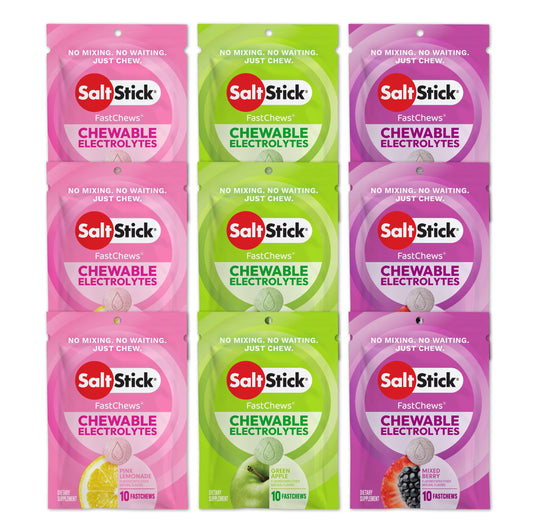 SaltStick pack frontal que muestra 90 tabletas para reposición rápida