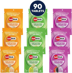 SaltStick paquete frontal mostrando 90 tabletas, fácil identificación y transporte