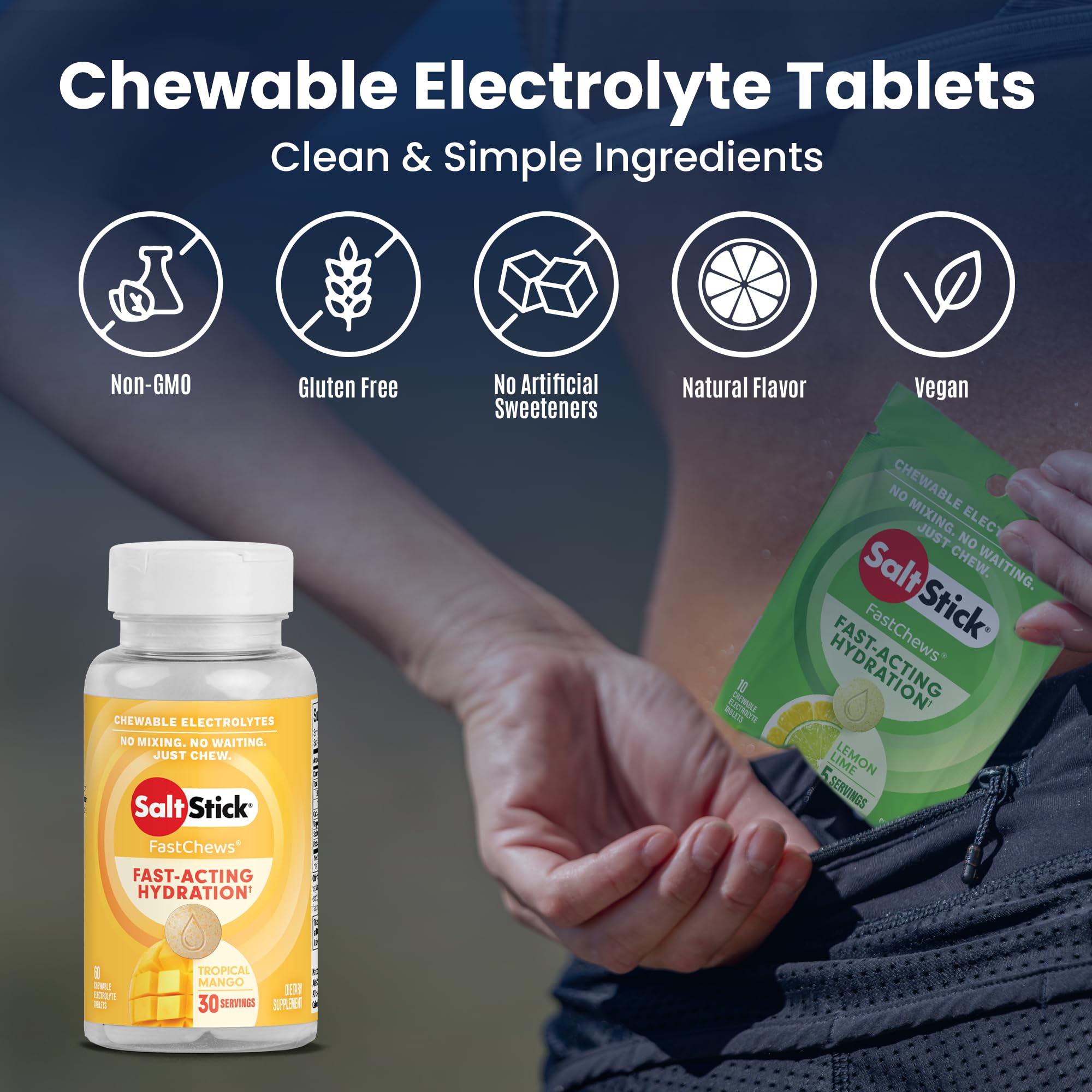 SaltStick tableta masticada en acción facilita absorción rápida durante actividad