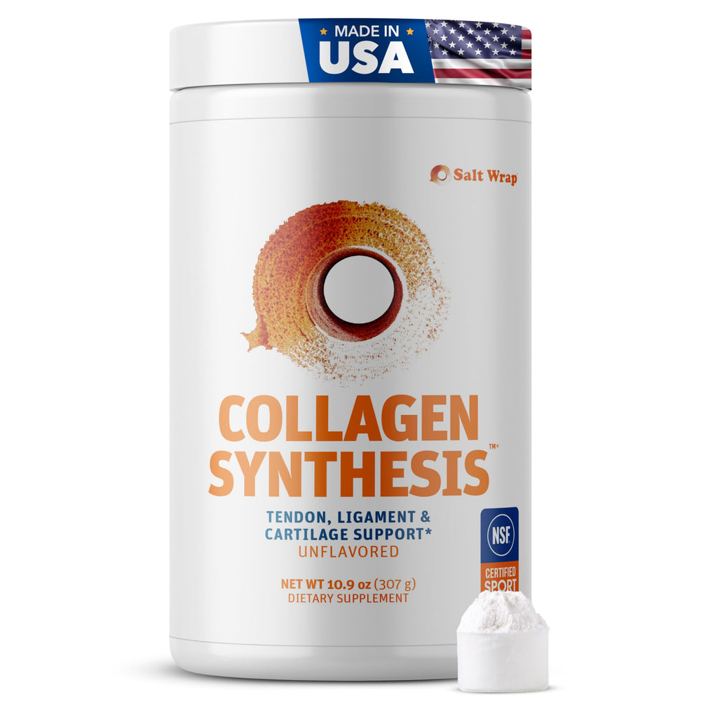 SaltWrap Collagen Synthesis bottle with scoop for easy daily joint support.