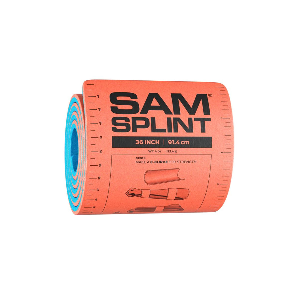 SAM Medical Sam Splint 36" empacado frontal mostrando color naranja y azul, fácil identificación
