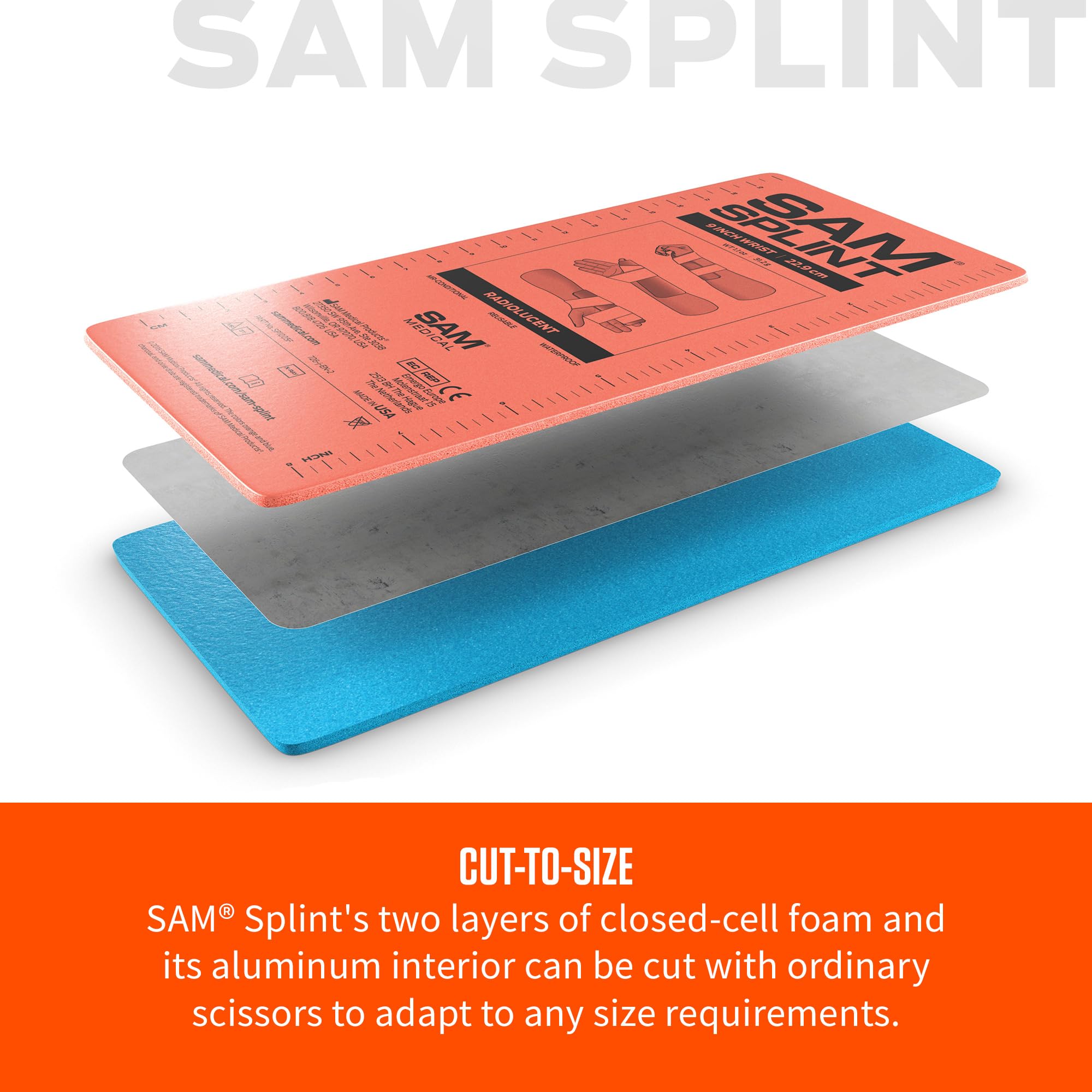 Sam Splint de SAM Medical doblada inmovilizando un brazo, soporte rápido en emergencias