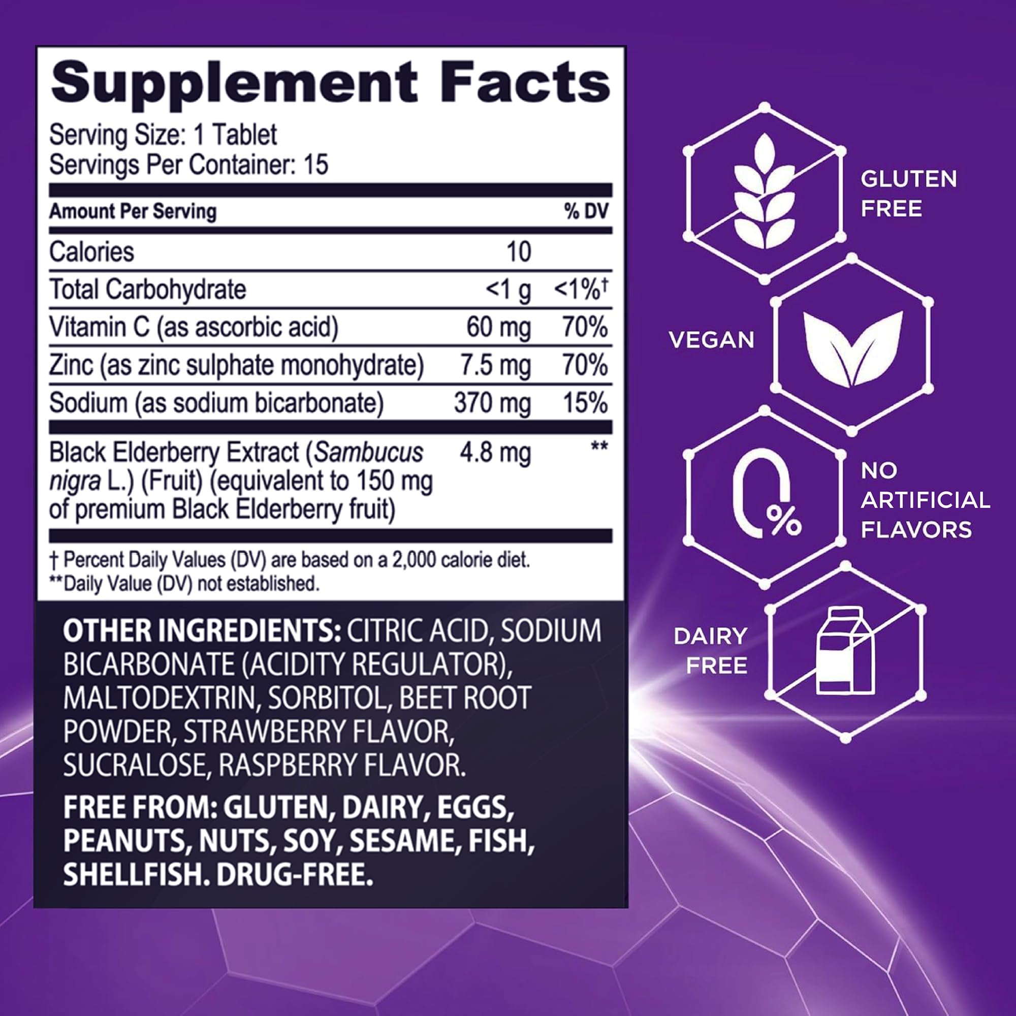 Sambucol etiqueta de ingredientes destacando extracto de saúco y vitaminas