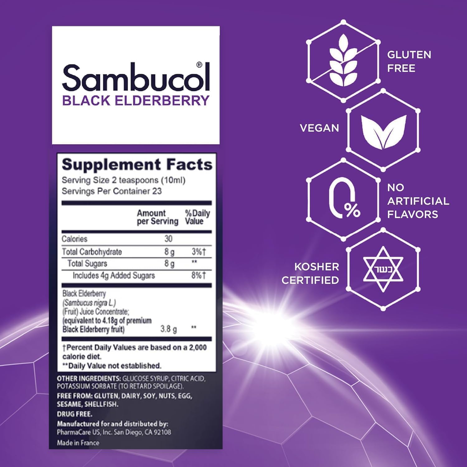 Sambucol etiqueta detallada con información de ingredientes y beneficios, fácil lectura y confianza