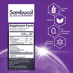 Sambucol etiqueta detallada con información de ingredientes y beneficios, fácil lectura y confianza