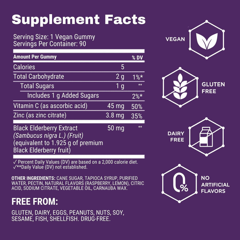 Sambucol etiqueta trasera con información nutricional y beneficios claros