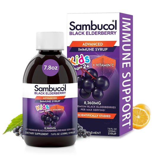 Sambucol frasco frontal mostrando diseño y tamaño, confianza visual