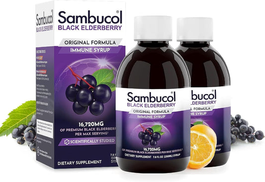 Sambucol frasco frontal pack de 2 mostrando la etiqueta y volumen, ideal para provisión familiar
