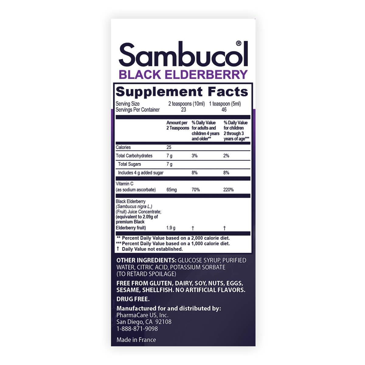 Sambucol frasco junto a bayas de saúco que ilustran origen natural