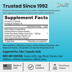 Sanar Naturals etiqueta con tipos I II III V X y beneficios visibles