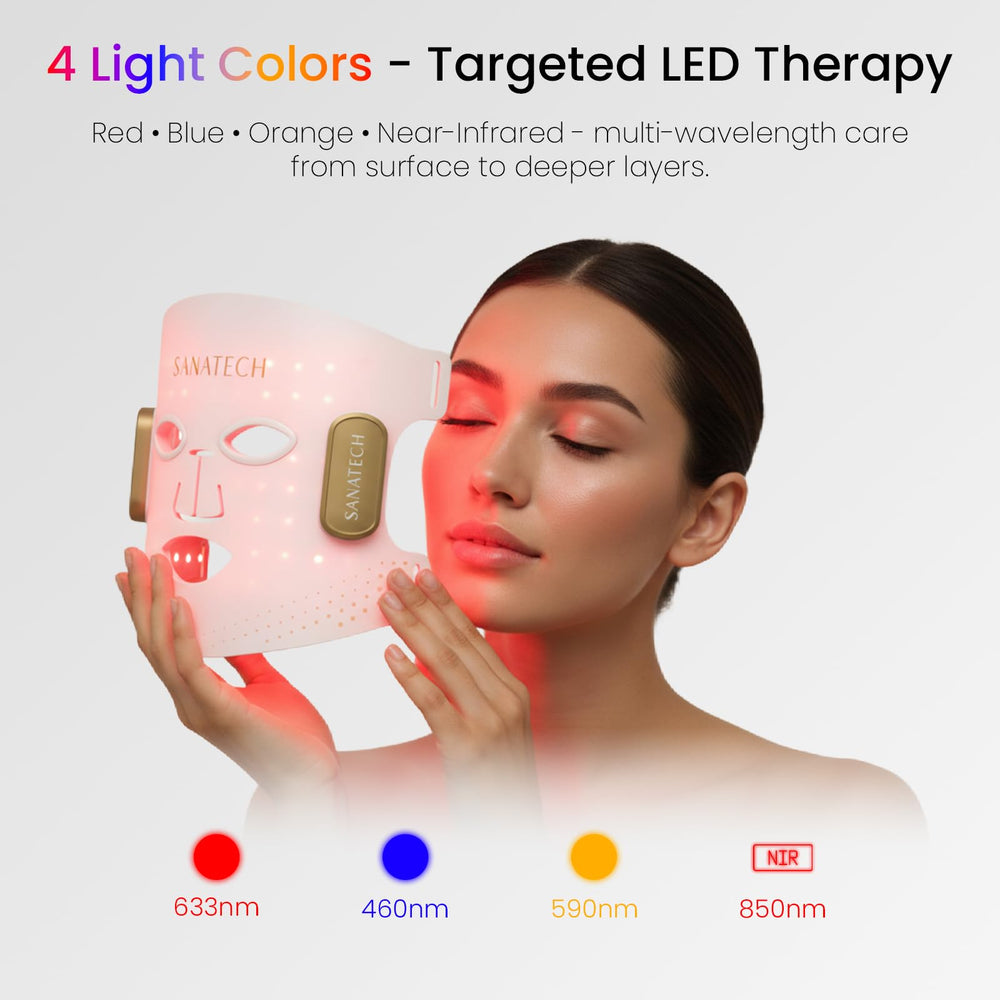 SanaTech mascarilla con diodos de luz naranja 600nm para tono uniforme y textura suave.