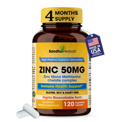 SANDHUHERBALS zinc 50mg frontal del envase que muestra el formato y beneficio de alta absorción
