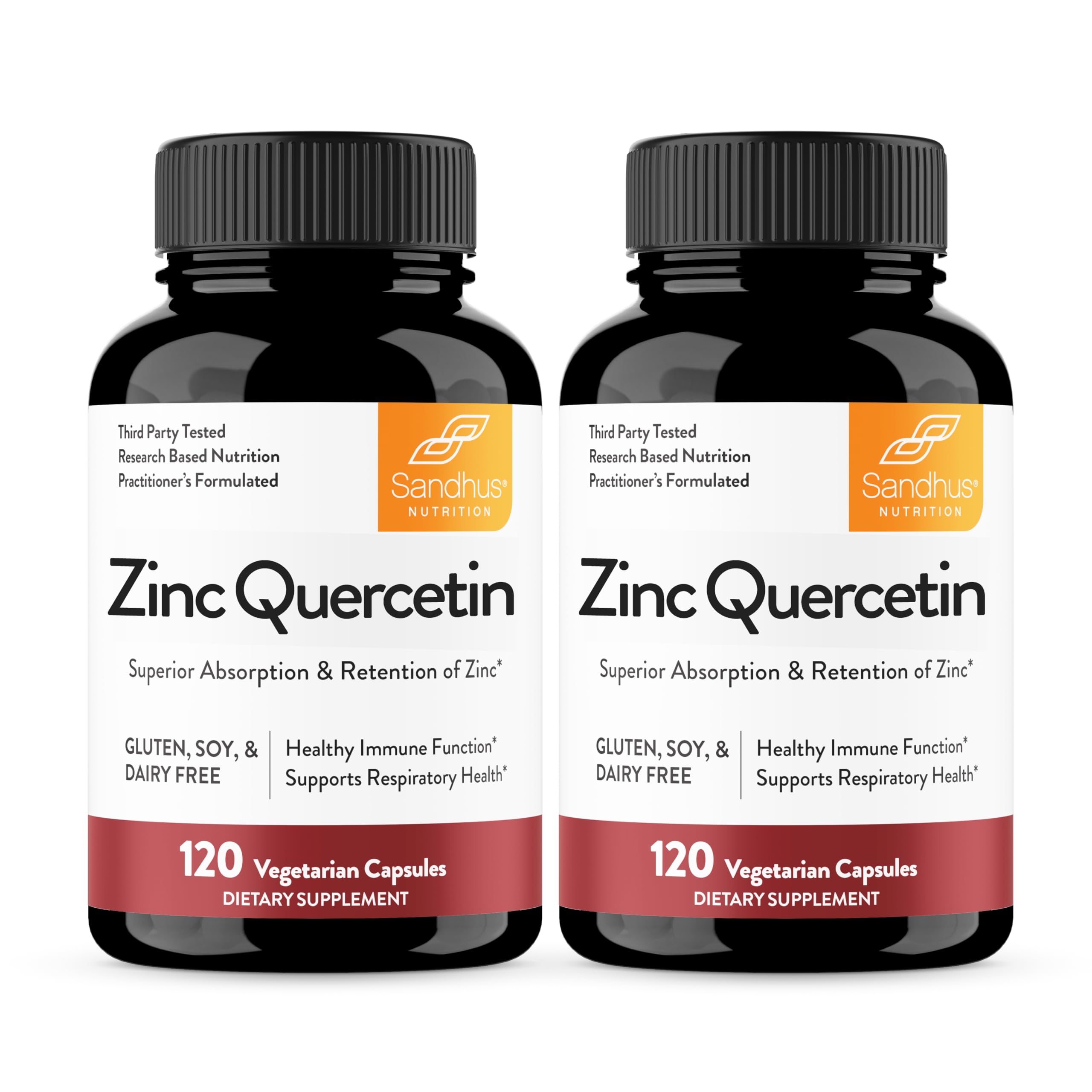 Sandhu's frasco frontal de Zinc Quercetin mostrando 240 cápsulas y confianza de marca