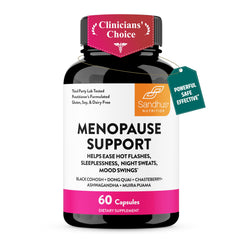 Sandhu's frasco frontal mostrando etiqueta y beneficio para menopausia