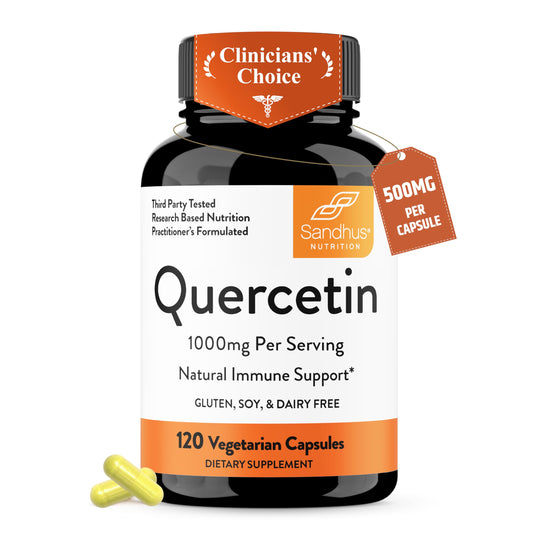 Sandhu's frasco frontal de quercetina 500 mg que muestra dosificación clara