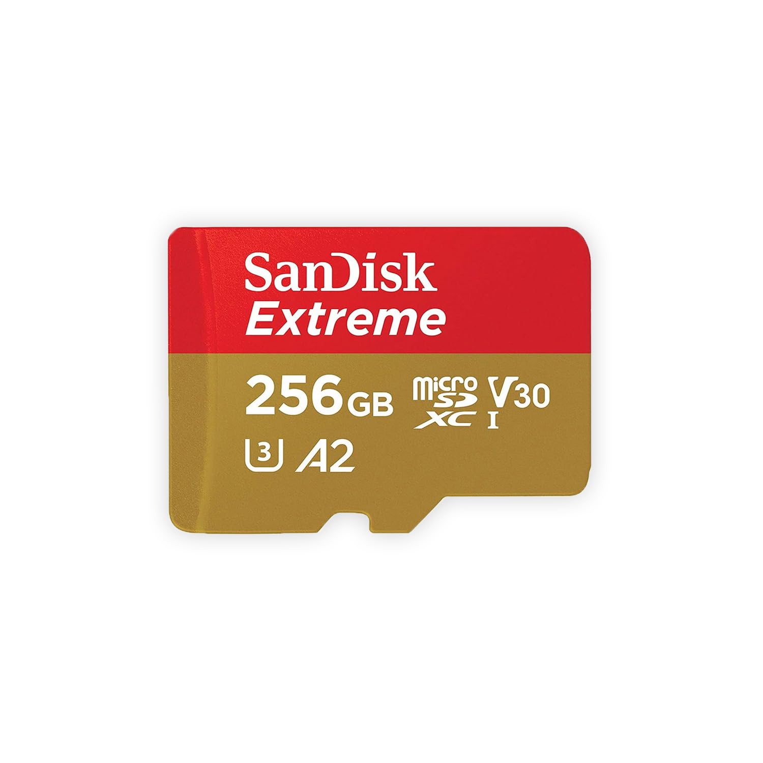 SanDisk Extreme frontal del empaque mostrando capacidad 256GB y beneficios de grabación 4K