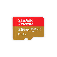 SanDisk Extreme frontal del empaque mostrando capacidad 256GB y beneficios de grabación 4K