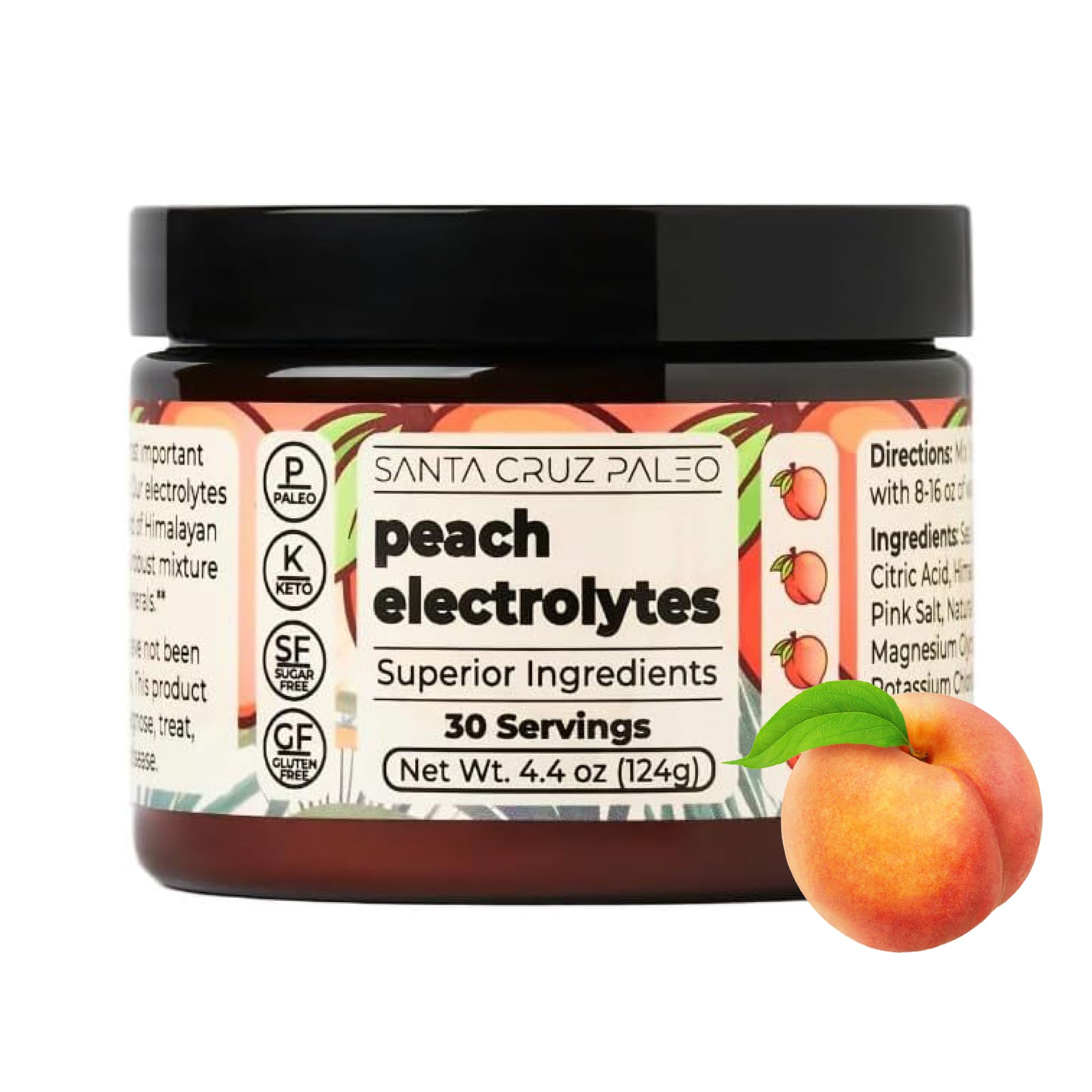 Santa Cruz Paleo empaque frontal sabor durazno mostrando 30 porciones y beneficio natural