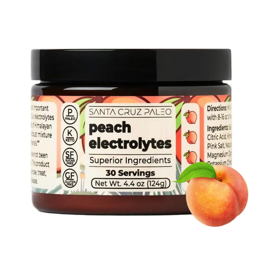 Santa Cruz Paleo empaque frontal sabor durazno mostrando 30 porciones y beneficio natural