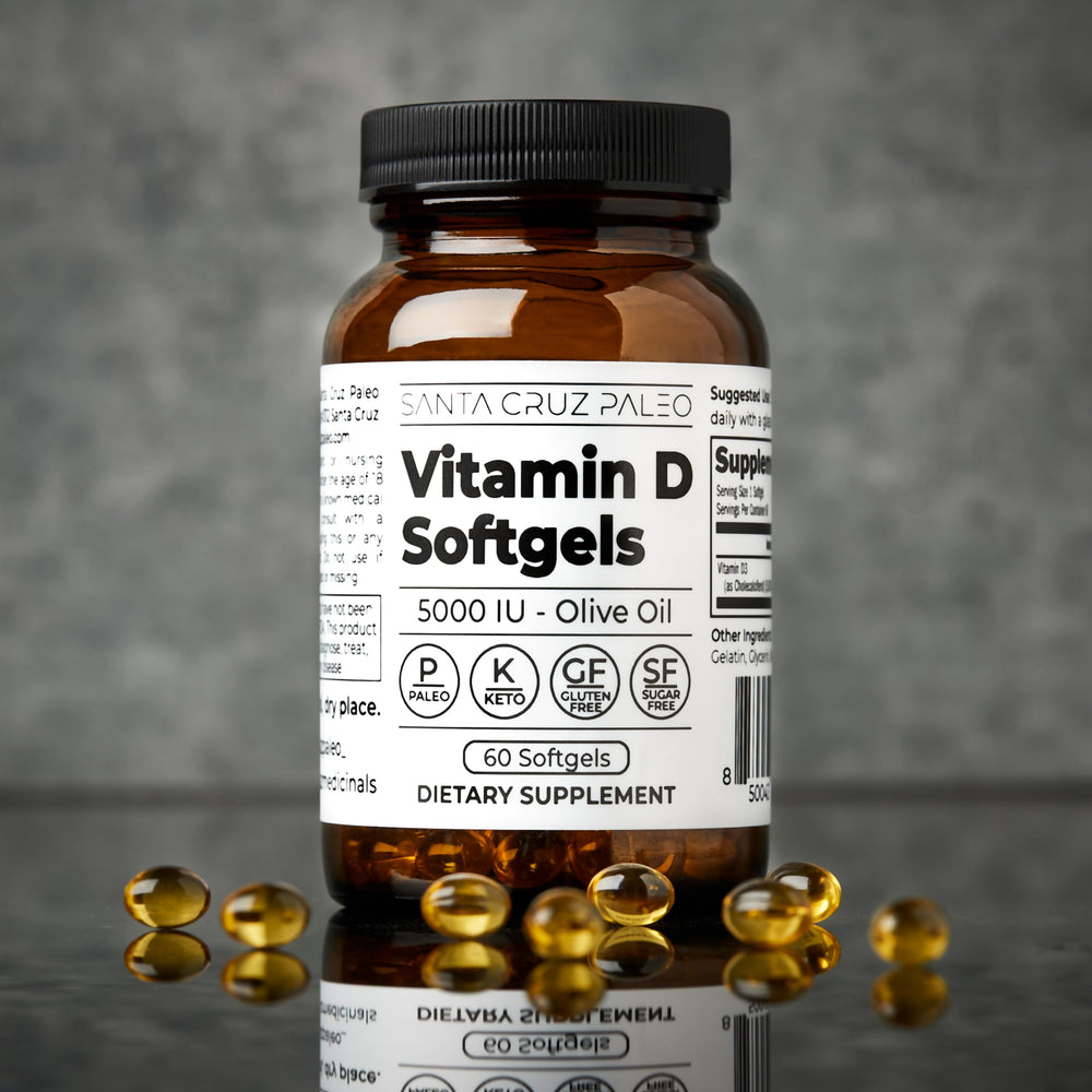 Santa Cruz Paleo botella lateral destacando 60 cápsulas suministro