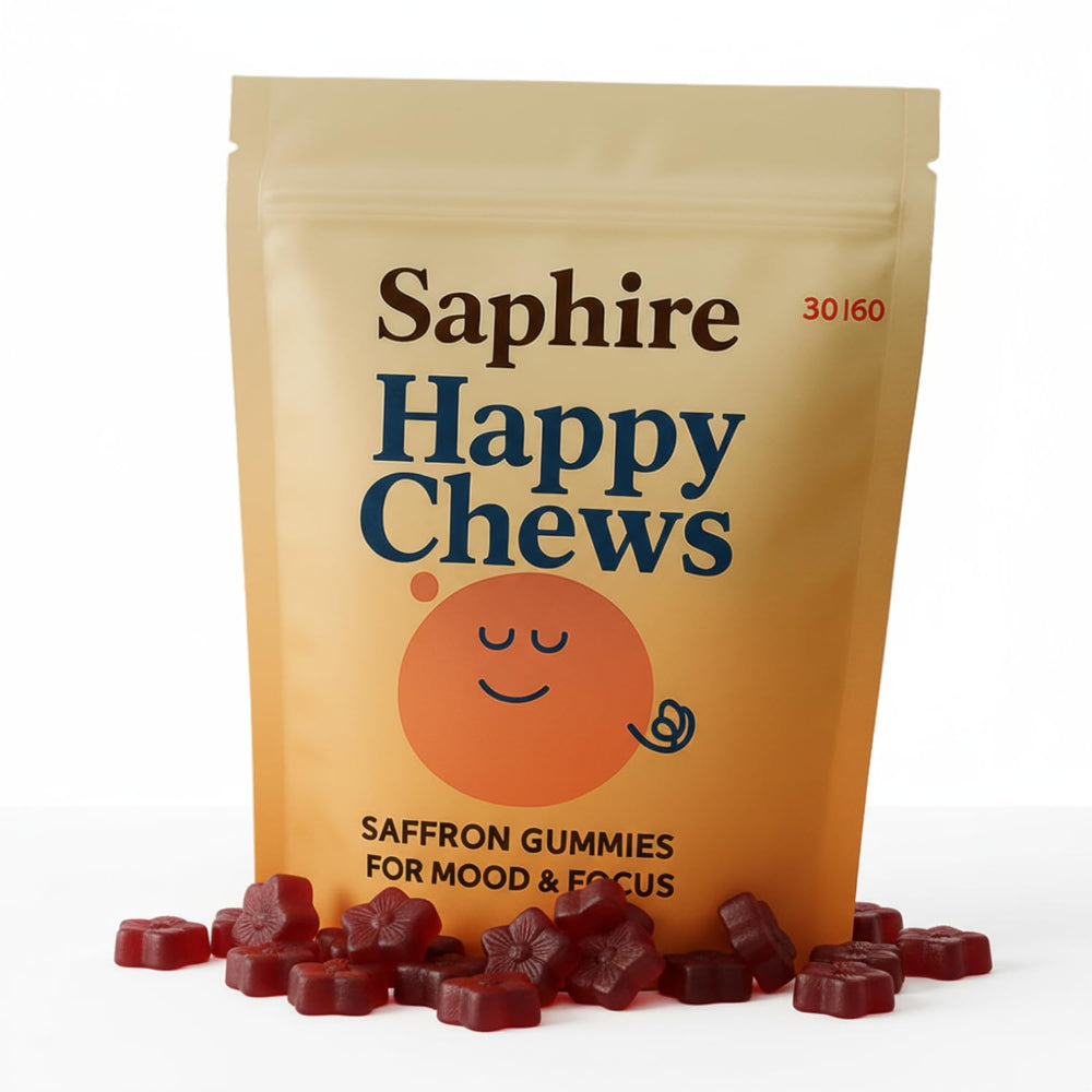 SAPHIRE HAPPY CHEWS envase frontal mostrando diseño y cantidad útil