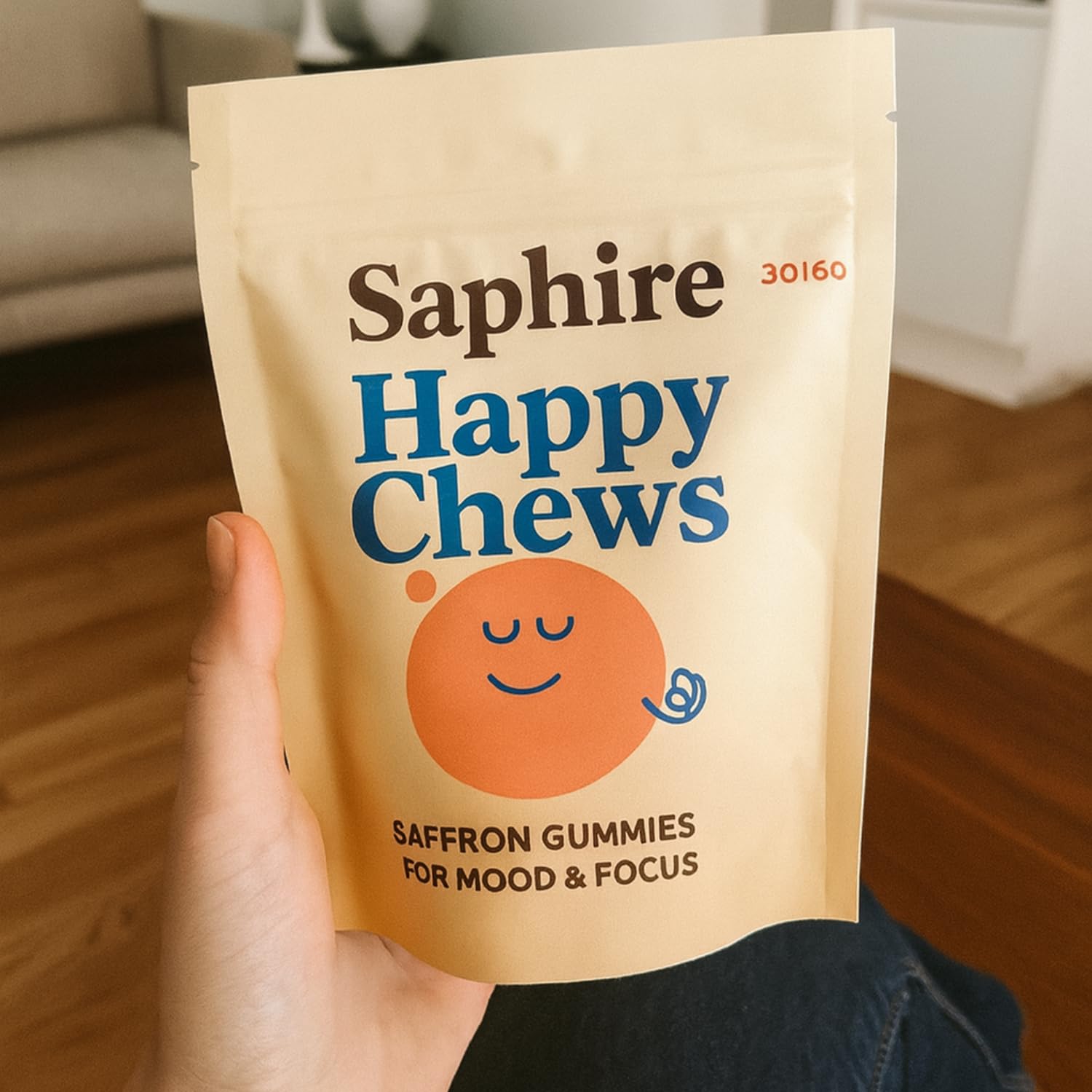 SAPHIRE HAPPY CHEWS niña feliz tomando gomita en un entorno familiar calmado
