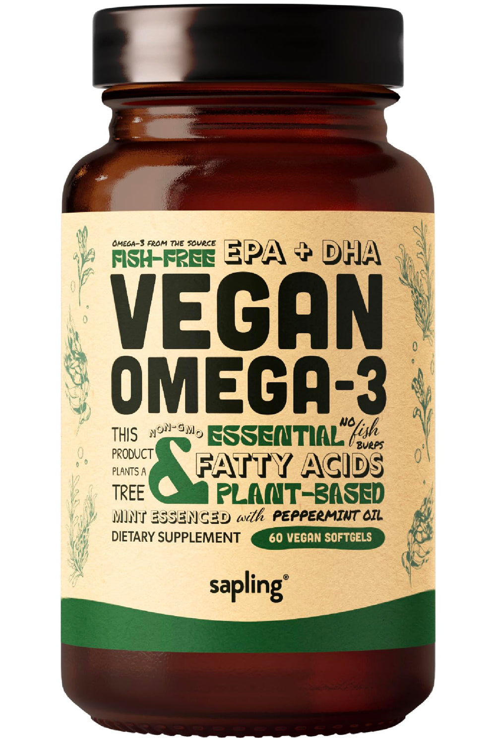sapling frasco frontal mostrando etiqueta y beneficios