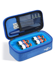 sarlar estuche frontal azul mostrando cierre y asa, portable y seguro