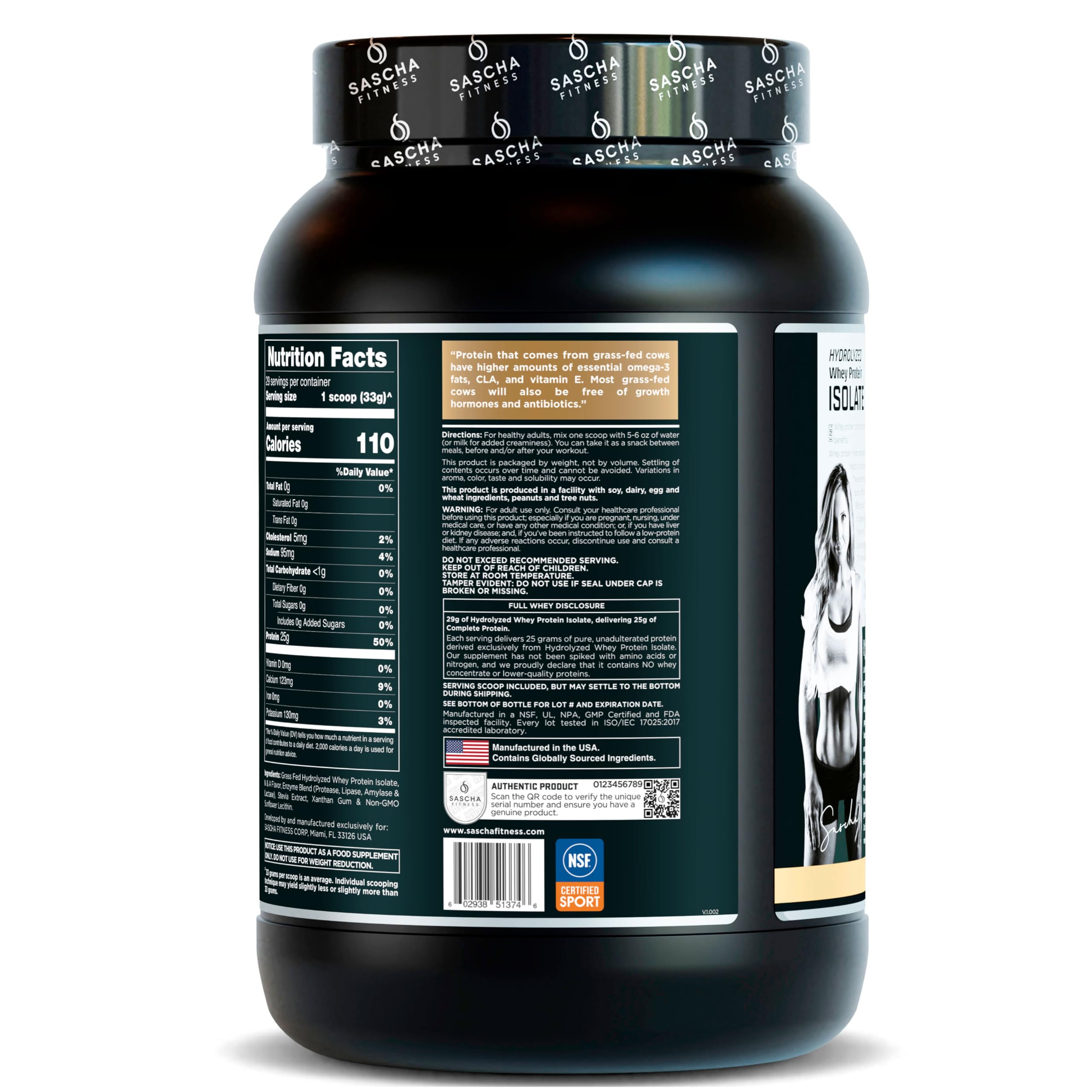 SASCHA FITNESS cuchara con porción mostrando 25 g de proteína por servicio