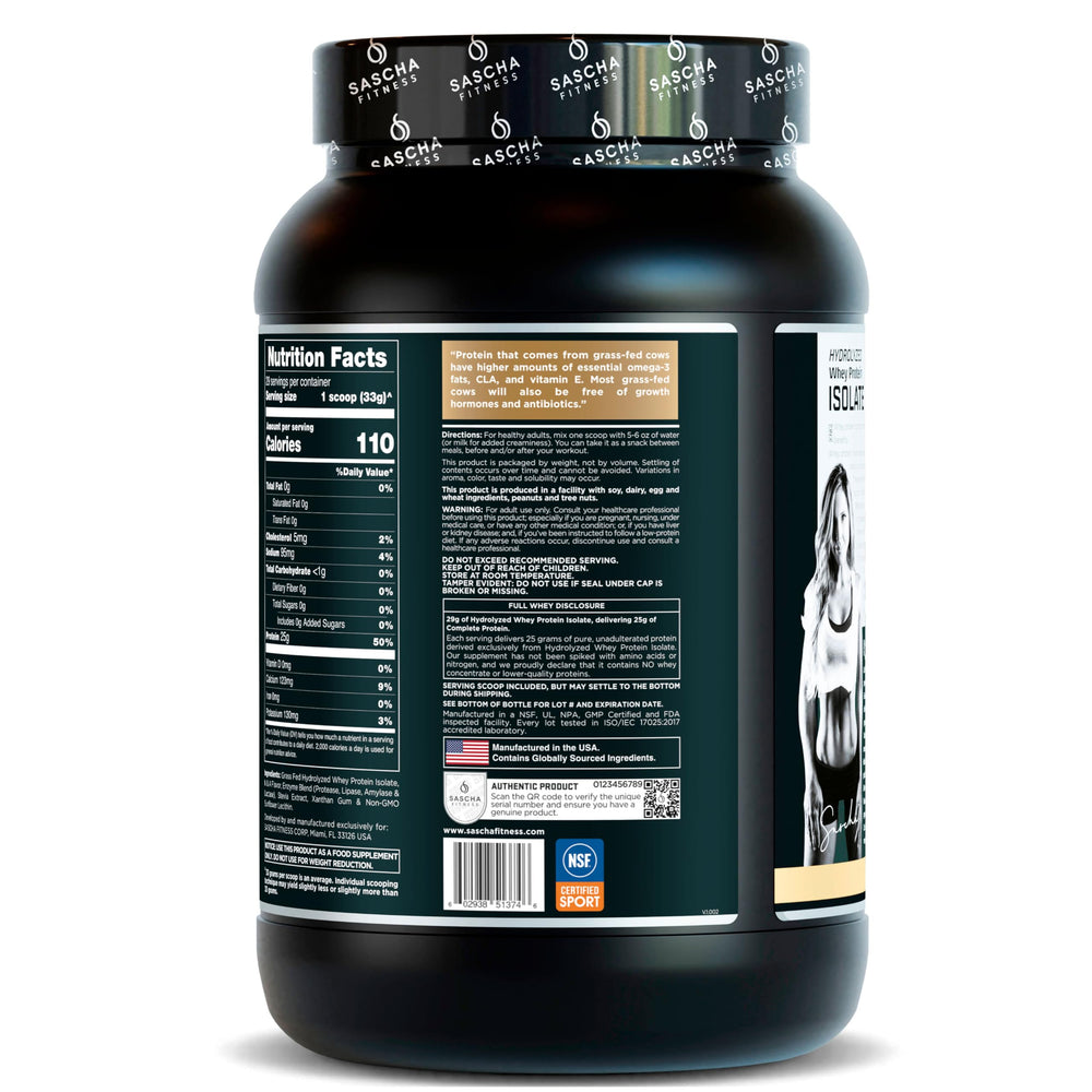 SASCHA FITNESS cuchara con porción mostrando 25 g de proteína por servicio