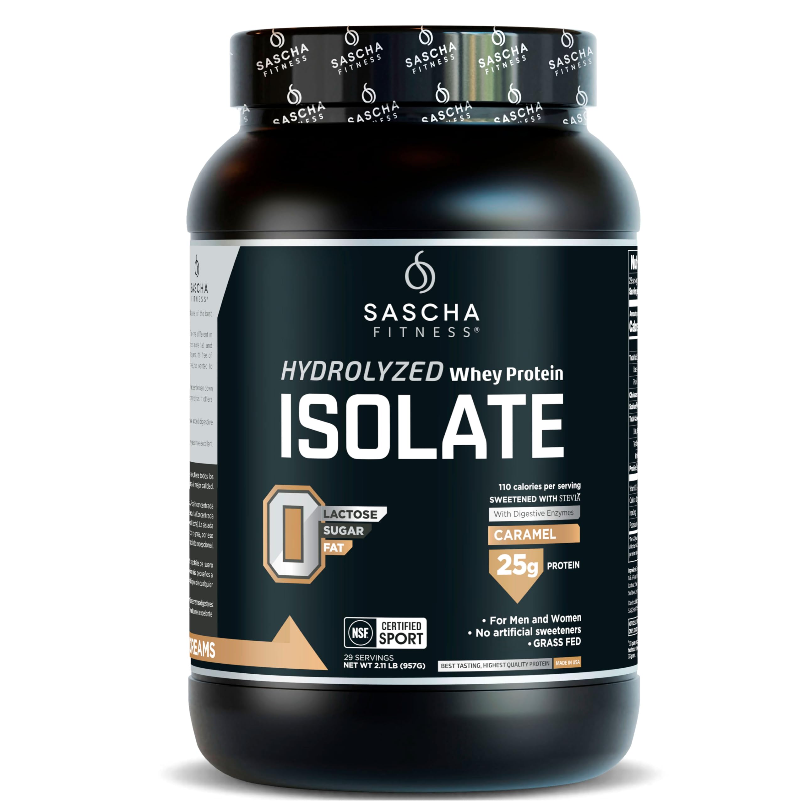 SASCHA FITNESS envase frontal de proteína con sabor caramelo y presentación clara