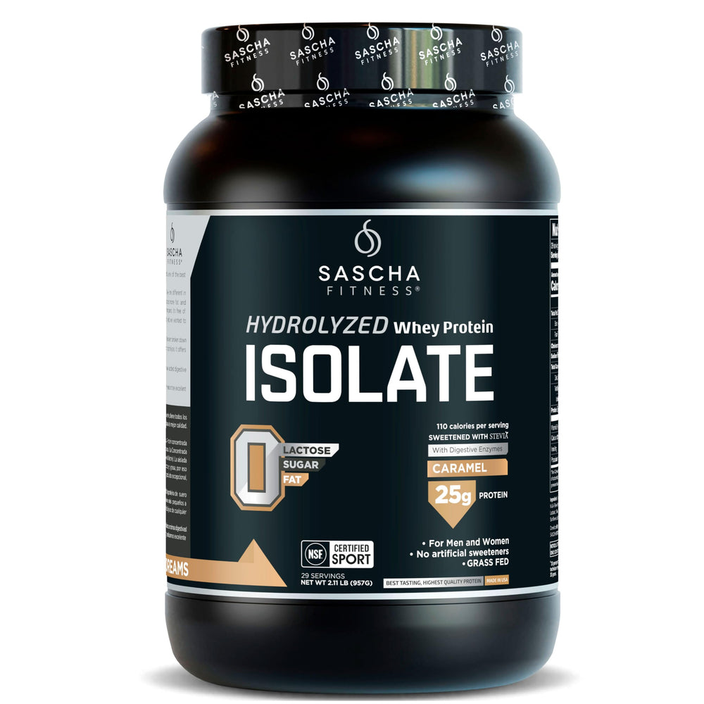 SASCHA FITNESS envase frontal de proteína con sabor caramelo y presentación clara