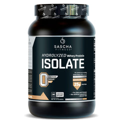 SASCHA FITNESS envase frontal de proteína con sabor caramelo y presentación clara