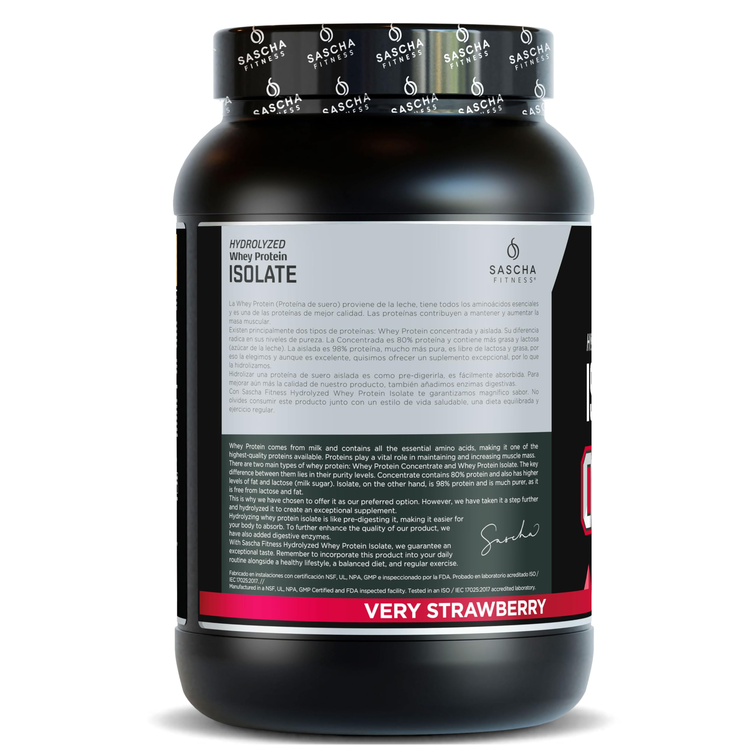 SASCHA FITNESS etiqueta nutricional, información clara de 25g proteína
