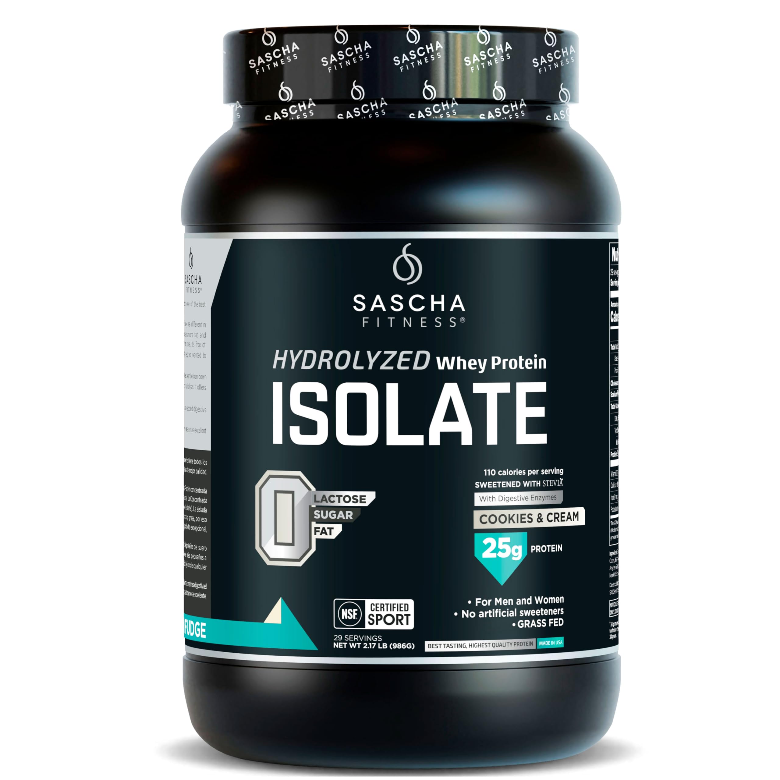 SASCHA FITNESS envase frontal Cookies & Cream muestra presentación y beneficio proteína