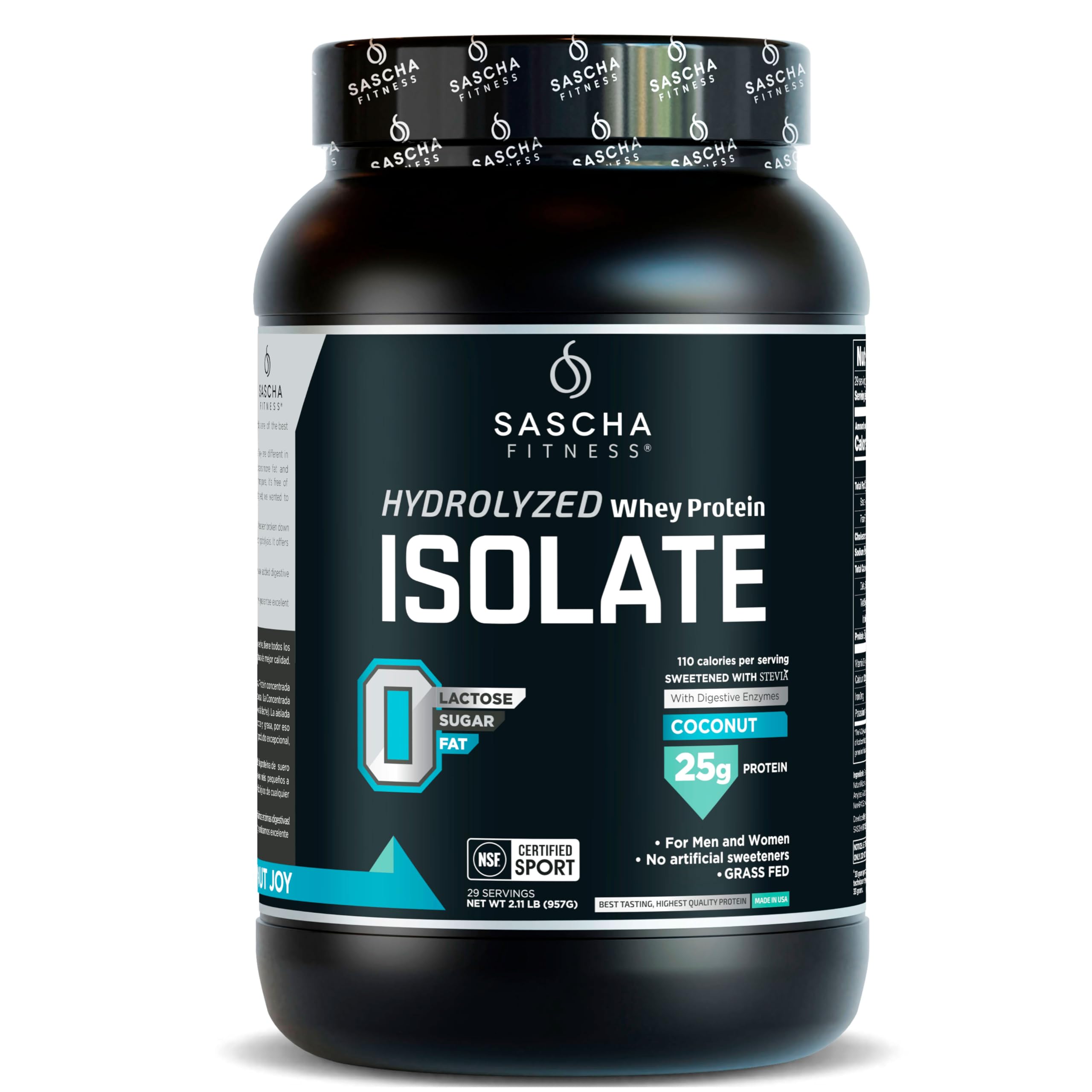 SASCHA FITNESS envase frontal coco mostrando pureza y 25g proteína