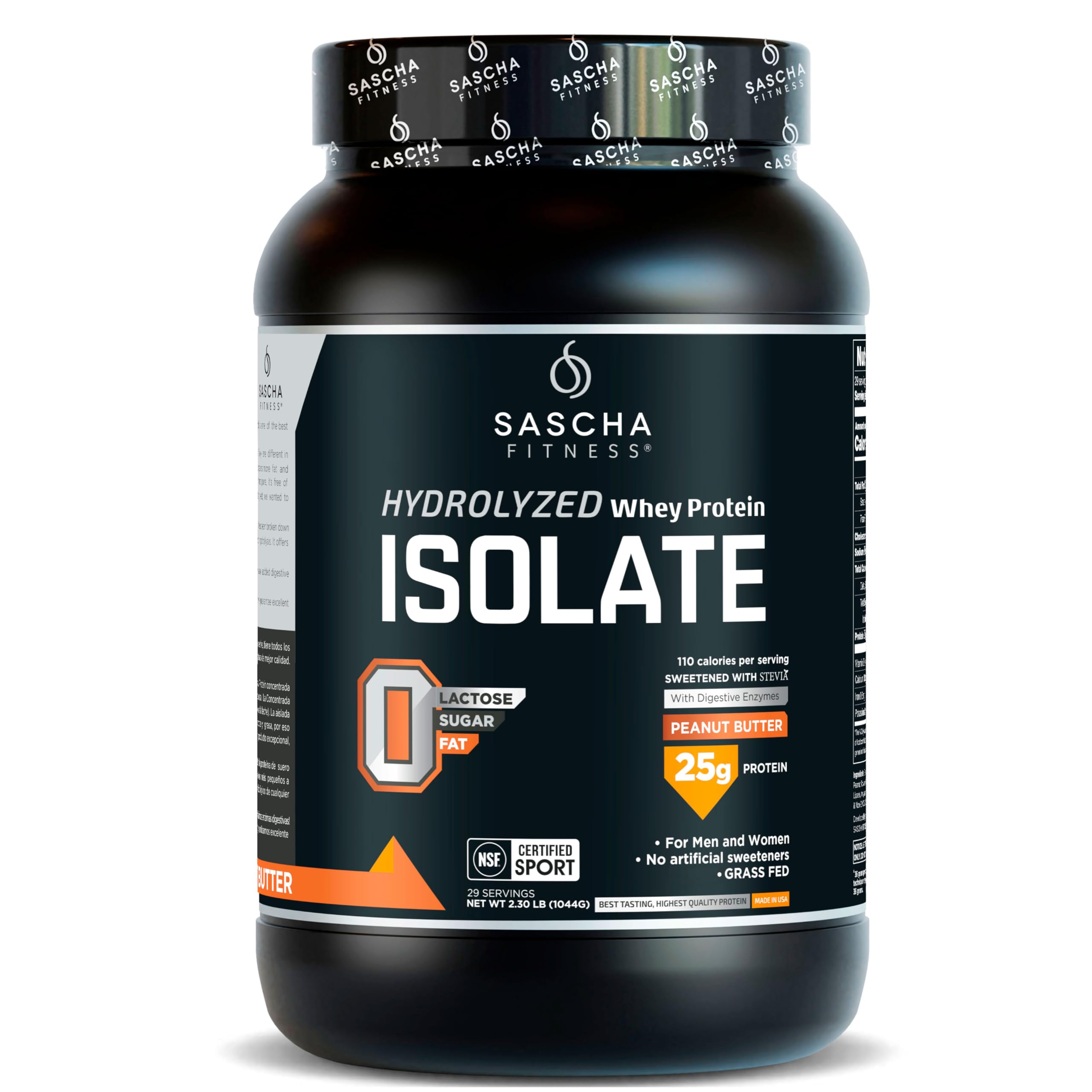 SASCHA FITNESS frente del envase peanut butter mostrando marca y beneficios