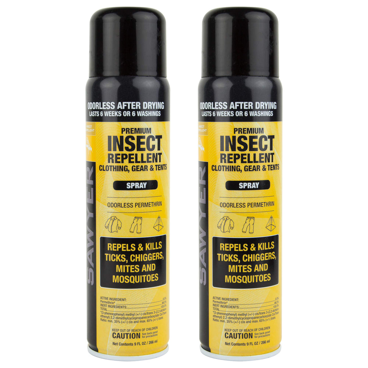 Sawyer aerosol frontal mostrando etiqueta y modo de uso, protección para ropa