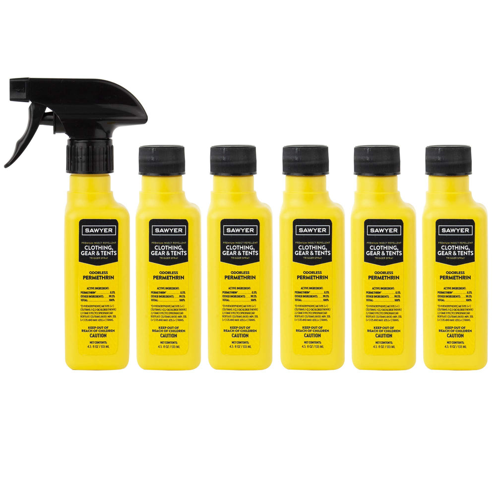 Sawyer frasco frontal del spray Permethrin mostrando etiqueta y tamaño útil
