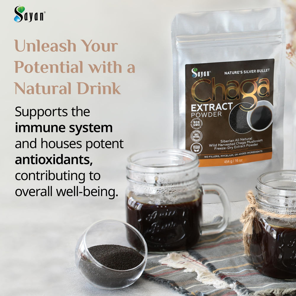 Sayan Chaga envase vidrio 4oz, listo para preparación diaria y frescura.