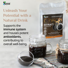 Sayan Chaga envase vidrio 4oz, listo para preparación diaria y frescura.