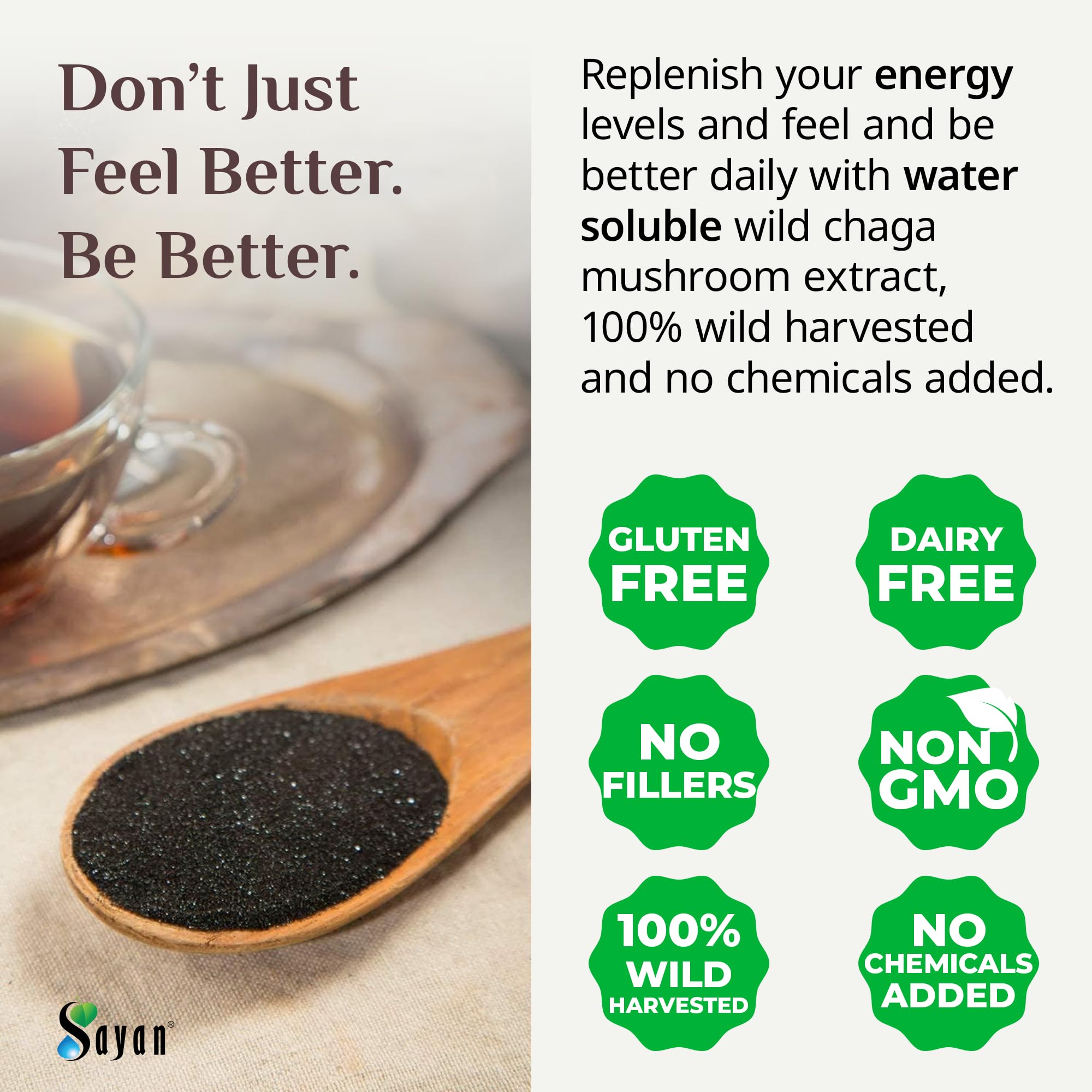 Sayan Chaga etiqueta diseño natural, empaque sostenible y orgánico.