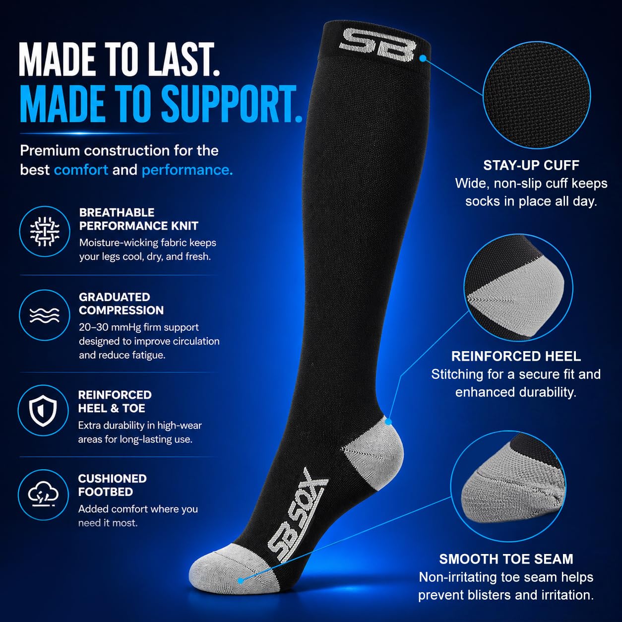 SB SOX etiqueta con tallas y material que facilita la decisión de compra