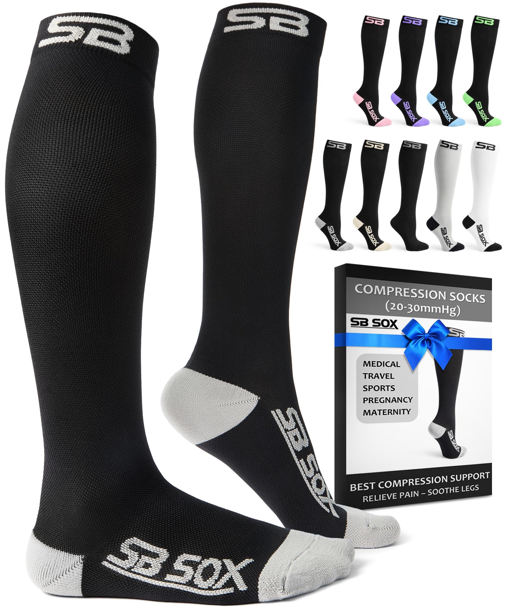 SB SOX vista frontal del empaque mostrando color negro y gris, comodidad duradera