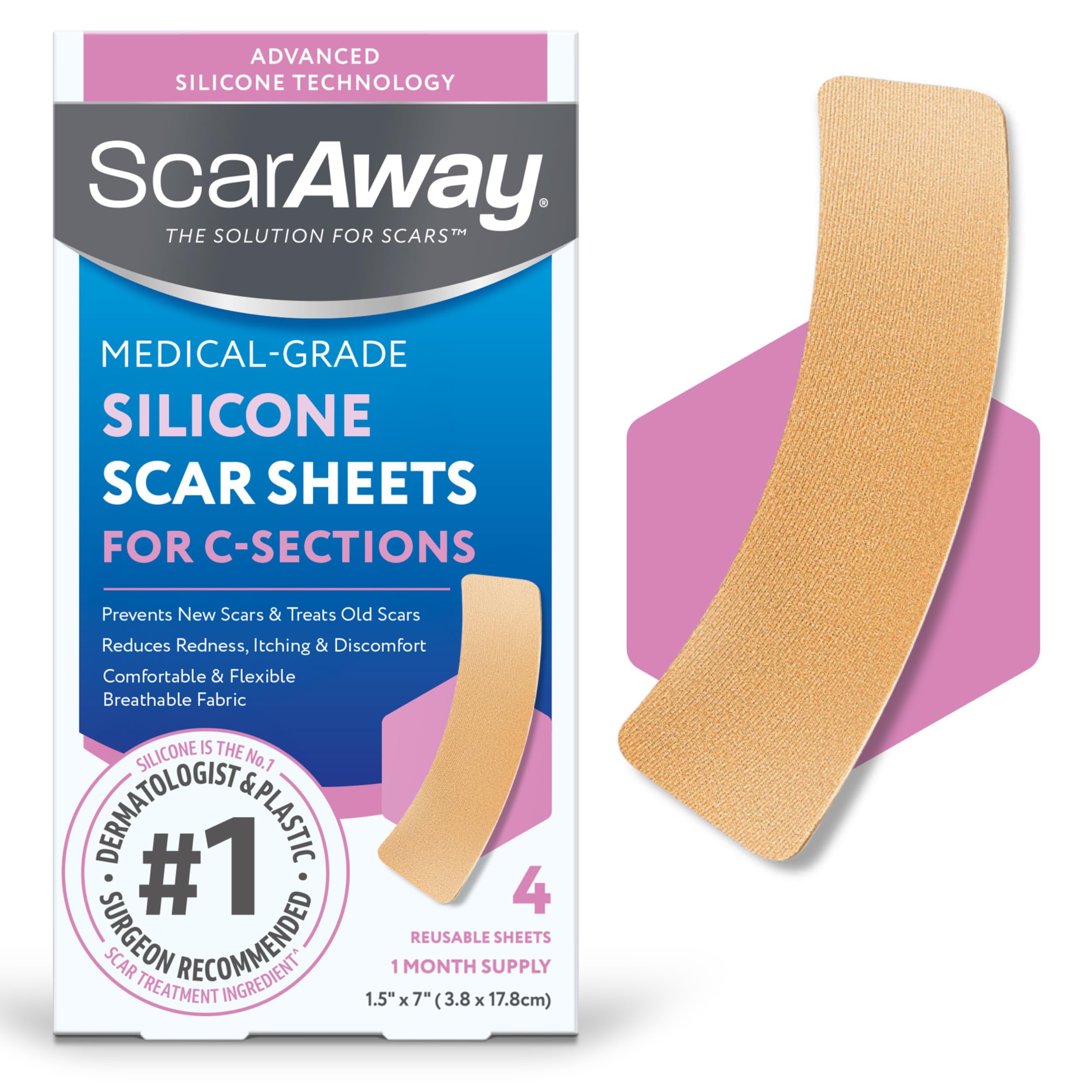 ScarAway empaque frontal mostrando tiras para cesárea y uso seguro