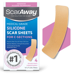 ScarAway empaque frontal mostrando tiras para cesárea y uso seguro