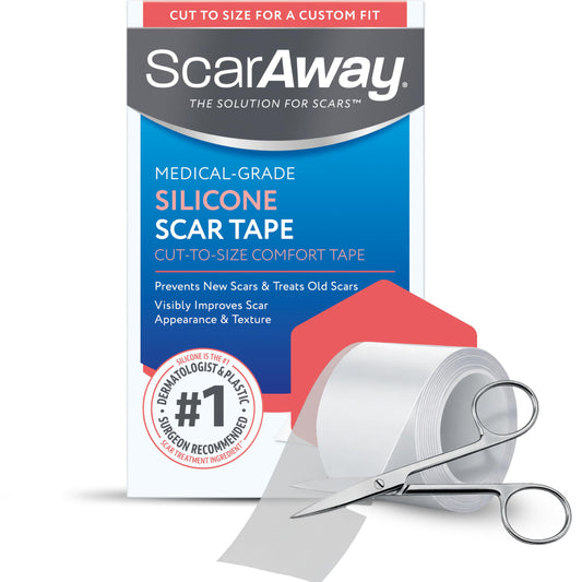 ScarAway embalaje del rollo mostrando dimensiones y uso práctico