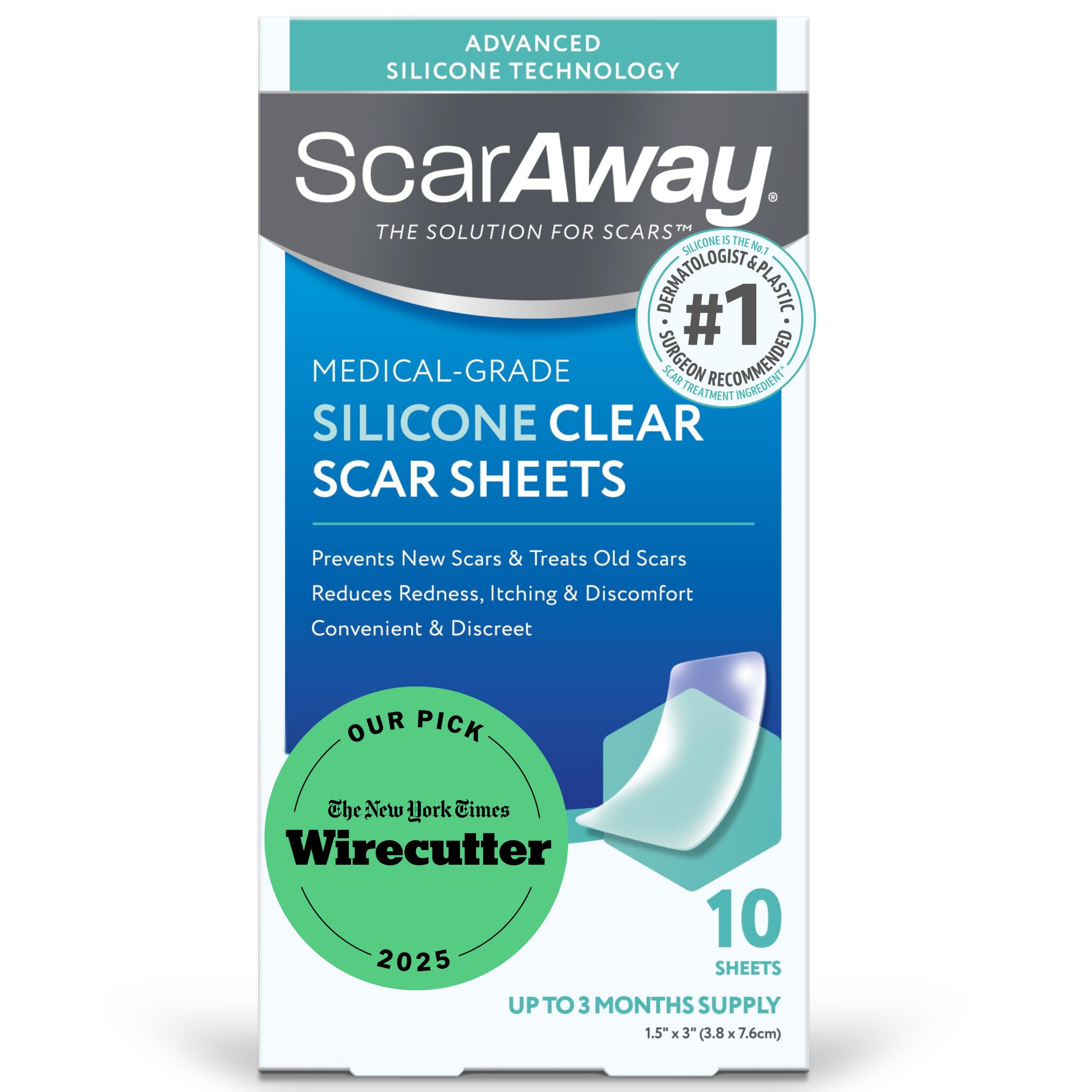 ScarAway embalaje frontal mostrando 10 hojas y beneficio de tratamiento discreto