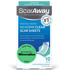 ScarAway embalaje frontal mostrando 10 hojas y beneficio de tratamiento discreto