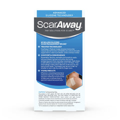 Etiqueta del producto ScarAway con información de uso y beneficios para cuidado de cicatrices